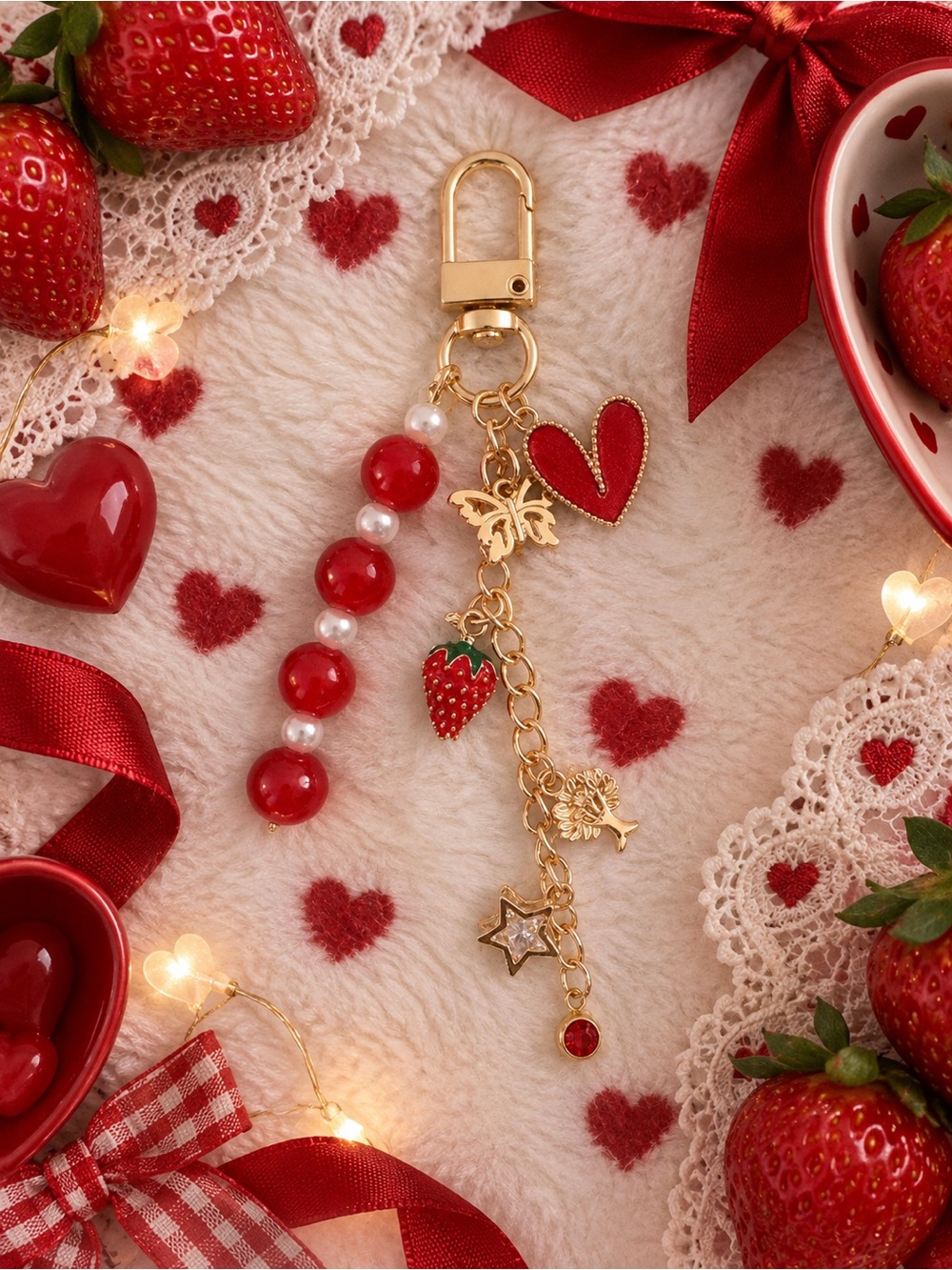 Red Strawberry & Heart Charm Keychain with Gold Accents